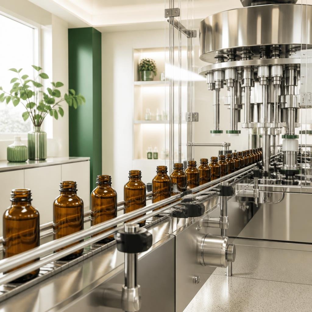 AI-generated concept image of liquid and topical production equipment; not a Wockwin facility