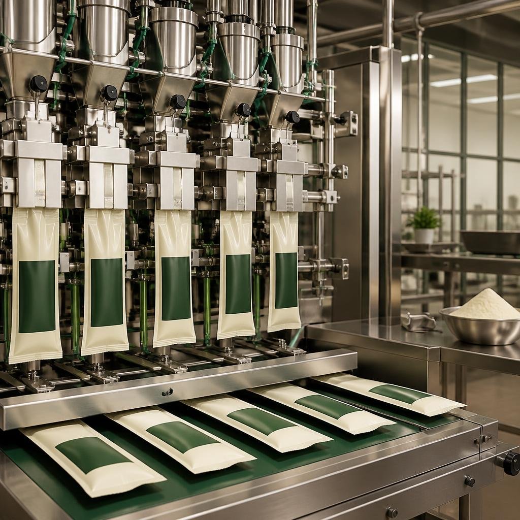 AI-generated concept image of sachet production equipment; not a Wockwin facility
