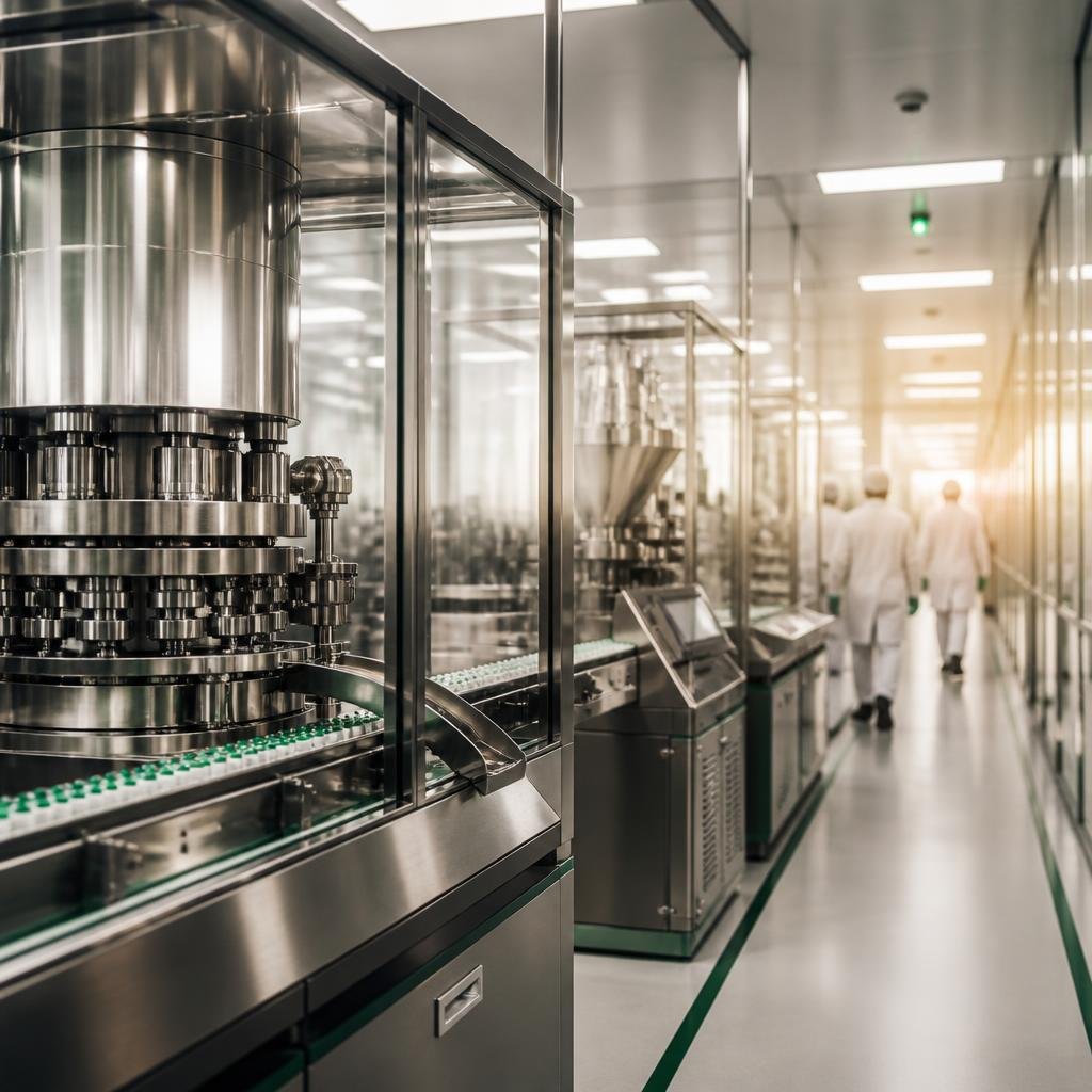 AI-generated concept image of solid dosage production equipment; not a Wockwin facility