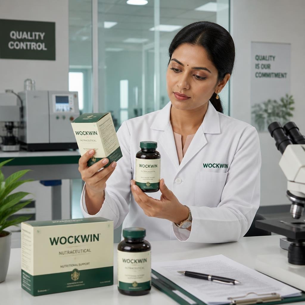 AI-generated Indian scientist with illustrative Wockwin product packaging